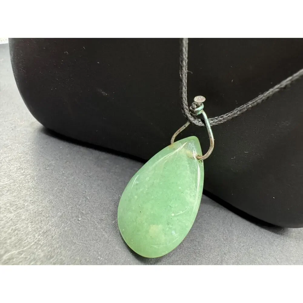 Vintage Silver Tone Green Jade Teardrop Pendant Black Cord Necklace